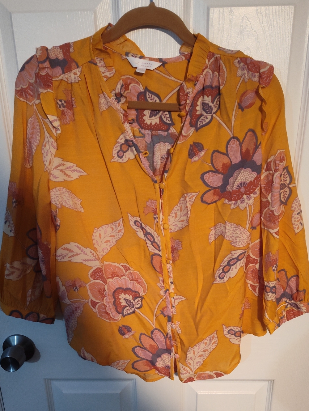 LC Lauren Conrad Mustard Floral Button-Front Top